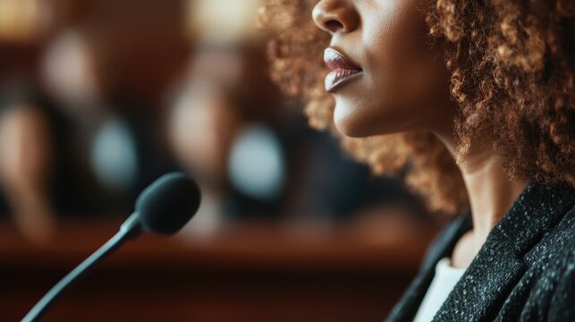A determined woman stands poised on the stand in a courtroom, advocating her stance with a persuasive presence and an air of confidence amidst attentive listeners.