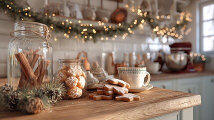 Obraz premium Cozy Christmas Kitchen with Gingerbread Cookies and Warm Coffee