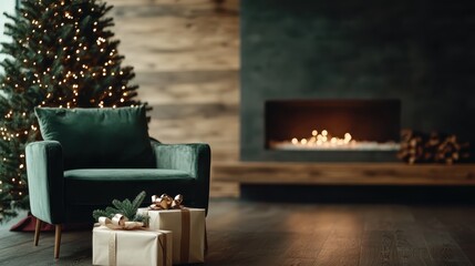 Naklejka premium A beautifully decorated Christmas tree, glowing with lights, is accompanied by neatly wrapped presents, evoking feelings of warmth and festive cheer in a cozy home setting.