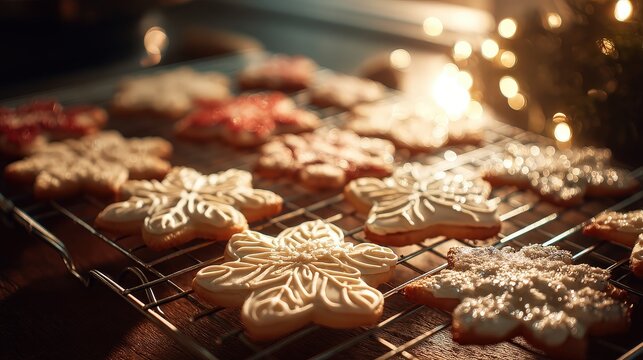 Snowflake Christmas Cookies on Cooling Rack with Festive Bokeh Lights