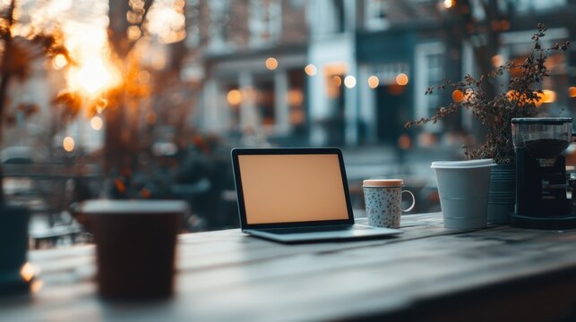 A serene caf&eacute; setting at sunset, featuring a closed laptop and multiple mugs resting on a rustic wooden table, creating a warm, inviting atmosphere for relaxation or work.