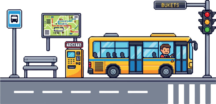 Bus stop scene with a yellow bus, ticket machine, bench, map, and traffic light, illustrating public transportation and urban commuting