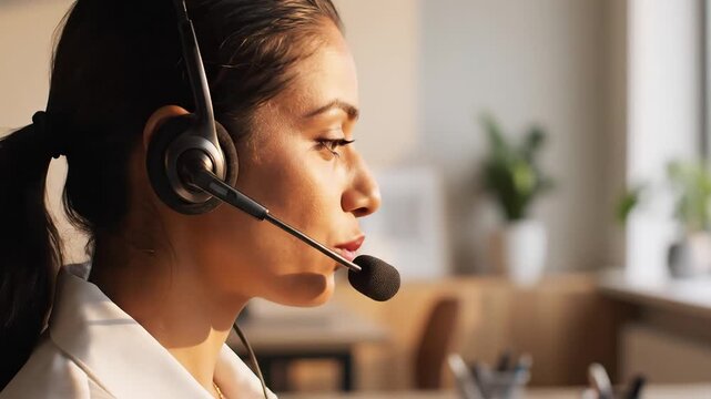 Woman in headset working at desk