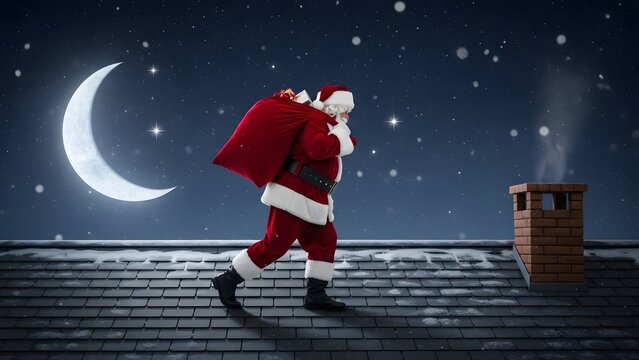 Santa claus walking on a roof at night with a crescent moon