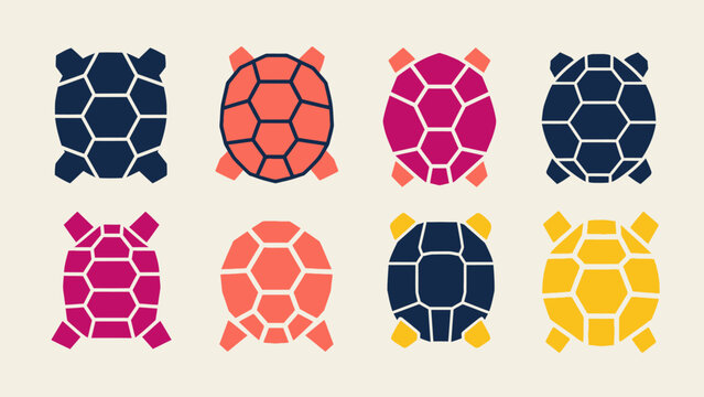 Collection of colorful stylized turtle illustrations with geometric shells in various colors and