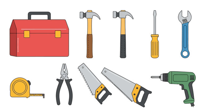Collection of essential hand tools and toolbox including hammers screwdrivers saws and drill for