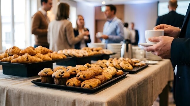 Business professionals enjoying a networking coffee break with a delicious breakfast buffet spread of pastries and muffins at an indoor corporate event