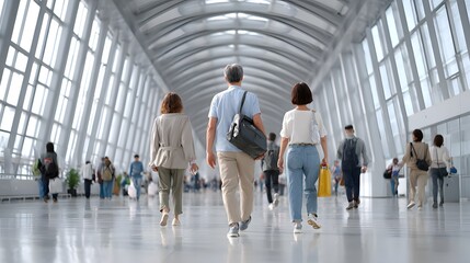 Fototapeta premium Travelers walk down a bright modern airport hallway with large glass windows and arched ceilings