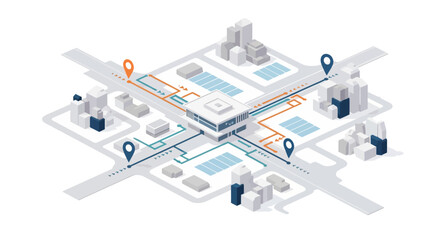 Isometric illustration of a smart city infrastructure with interconnected buildings, roads, and data flow lines. © fashbyna