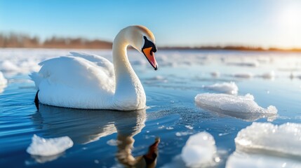 Obraz premium A majestic swan gliding smoothly on a partially frozen lake, reflecting winter's beauty and elegance amidst the shimmering ice and bright sunlight on a clear day.