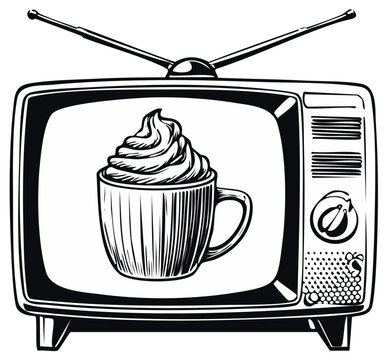 Classic Retro Television Displaying Hot Drink Mug with Whipped Cream Topping