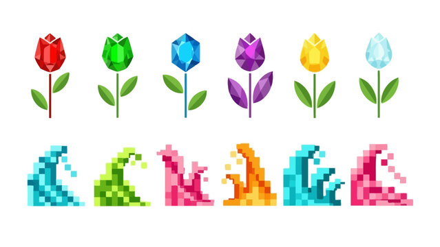 Colorful digital pixel art of cute crabs and vibrant flowers in a playful composition