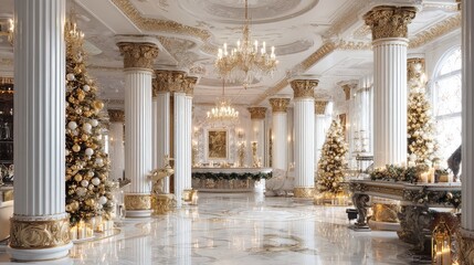 Fototapeta premium Luxurious Opulent Palace Interior with Golden Christmas Trees
