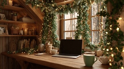 Fototapeta premium Cozy Rustic Wooden Desk with Laptop and Warm Christmas Fairy Lights