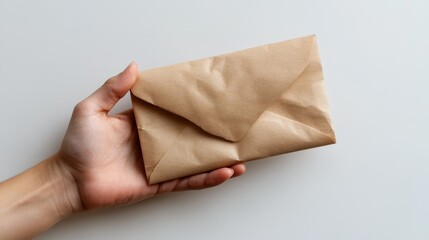 Naklejka premium A close-up of a hand holding a brown paper envelope, symbolizing communication and connection, ideal for representing the traditional ways of sending messages.
