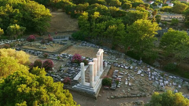 Aerial View of Sanctuary of the Great Gods at Sunset Samothrace