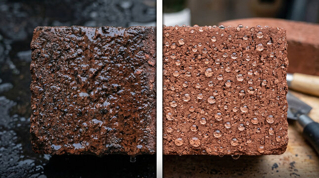 Red brick comparing water absorption and hydrophobic surface treatment