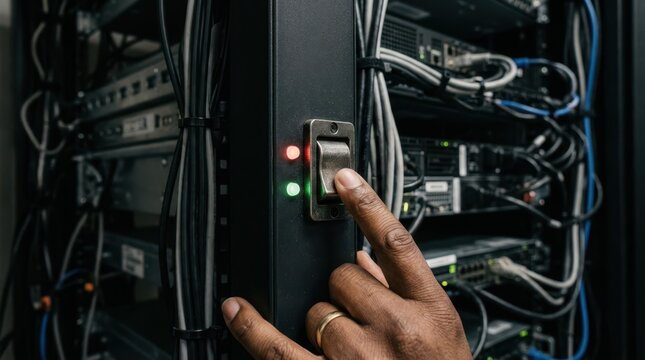 A specialist manages the power load of a server group. The shot captures the tactile moment of switching the high-capacity power unit.