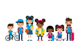 Fototapeta premium Diverse Multi-ethnic Group of Children and Students with Backpacks, Sports Gear, and Books, Flat Vector Illustration Isolated on White