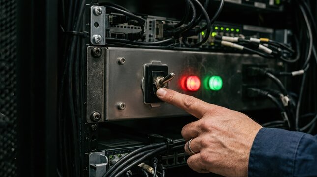 A specialist manages the power load of a server group. The shot captures the tactile moment of switching the high-capacity power unit.