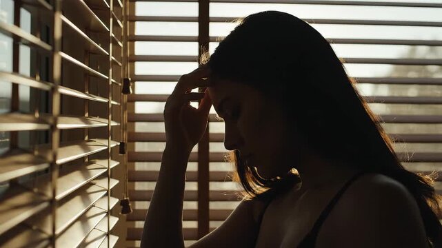 Silhouette of woman resting hand on forehead