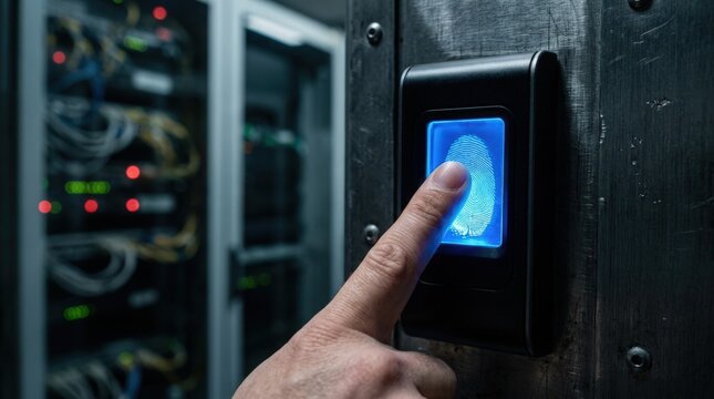 An administrator uses a biometric sensor to gain access to a secure server area. The image highlights the security protocols and high-tech access control.