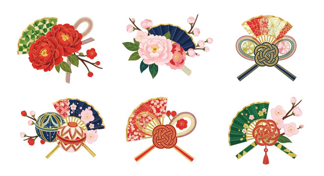 Traditional Japanese New Year Ornament Set with Mizuhiki Knots, Fans, and Floral Motifs