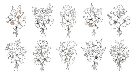 Fototapeta premium Elegant Line Art Floral Illustrations Featuring Various Flower Bouquets for Creative Design