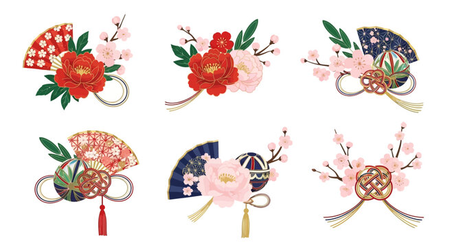 Japanese Traditional Floral Ornaments Set with Peonies, Sakura, Temari Balls, and Mizuhiki Knots. Elegant Oriental Decorative Elements for New Year, Weddings, and Celebrations.