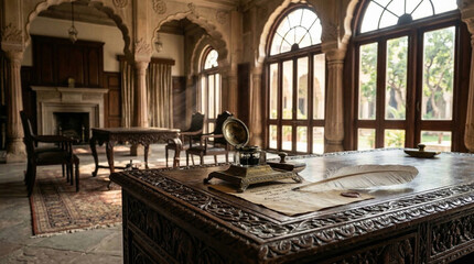 Obraz premium Ornate writing desk with quill pen in colonial Indian hall