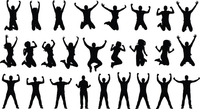 Jumping people silhouettes collection of men and women celebrating success happiness energy dynamic poses isolated vector illustration set