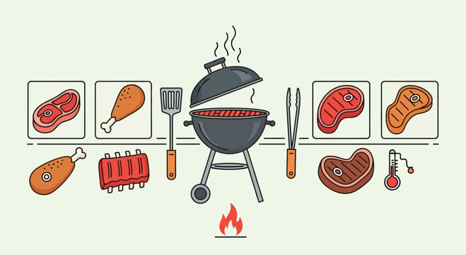 Illustration of a classic barbecue grill surrounded by various types of raw meats and accessories