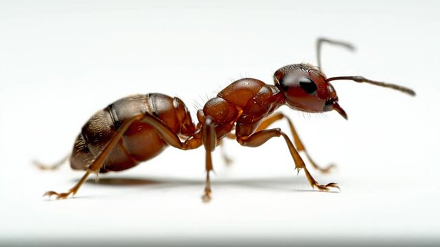 Close-up macro shot of a single ant on a white background