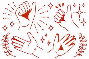 Fototapeta premium Red hand gestures with sparkles and botanical elements on white background