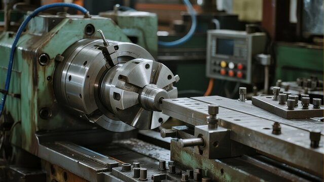 Close-up of a metalworking lathe machine in an industrial workshop setting