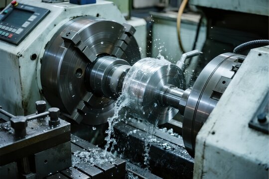 Metalworking lathe machine in operation with coolant spraying during precision machining process