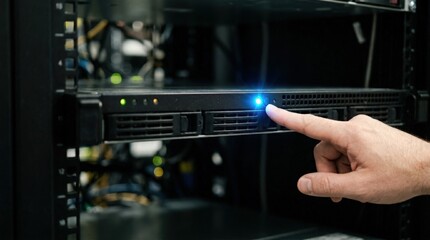 Fototapeta premium An administrator identifies a specific server in a row using a remote signal light. The focus is on the bright blue flash and the responding hand.