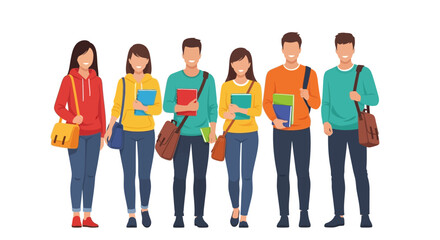 Fototapeta premium Group of Diverse College Students Standing Together with Books and Bags Flat Vector Illustration for Education and University Concepts