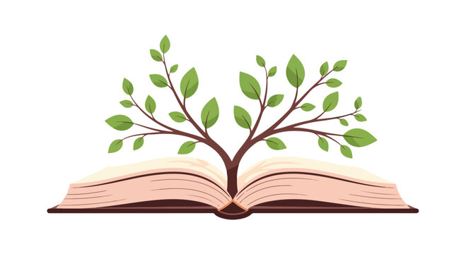 Illustration of an open book with a tree growing out of it on a white background.