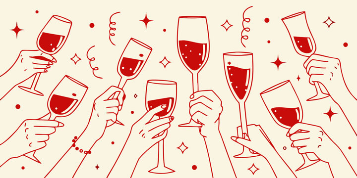 A celebratory toast hands raising red wine glasses in a festive scene