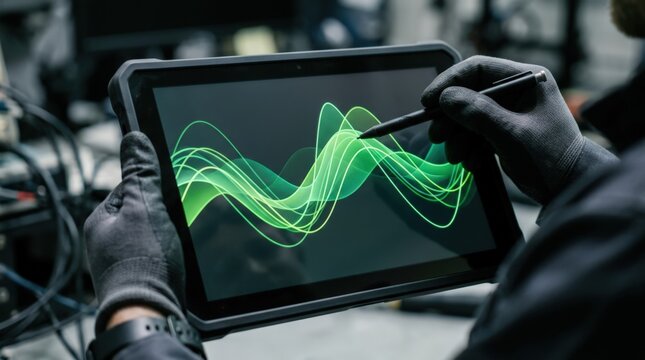 A mobile monitoring session. The specialist uses a tablet to analyze performance metrics and load balancing trends via abstract charts.