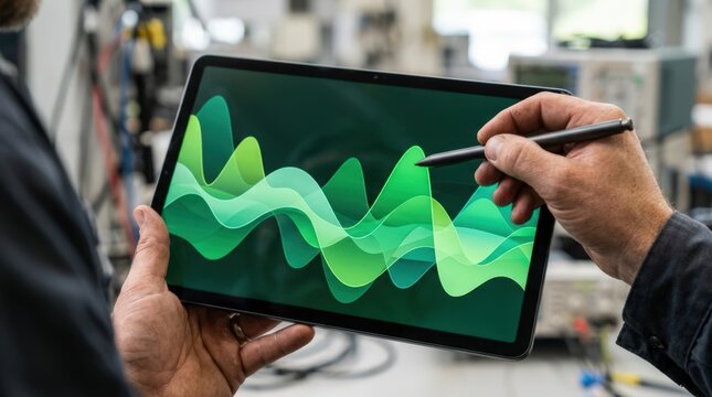 A mobile monitoring session. The specialist uses a tablet to analyze performance metrics and load balancing trends via abstract charts.