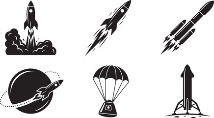 Fototapeta premium A collection of black and white icons related to space and rockets
