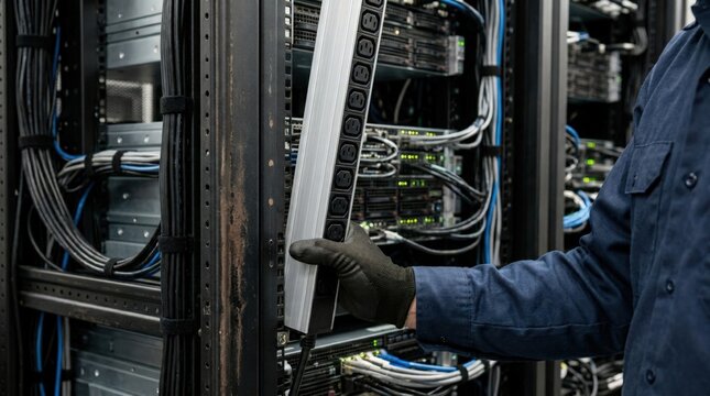 Finalizing the rack assembly by installing the power distribution unit. The shot shows the precise fit of the industrial component into the rack frame.