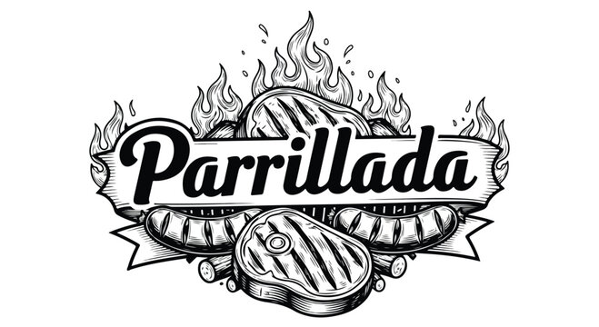 Illustration of grilled meat with flames and the word Parrillada in a decorative banner on a white background.