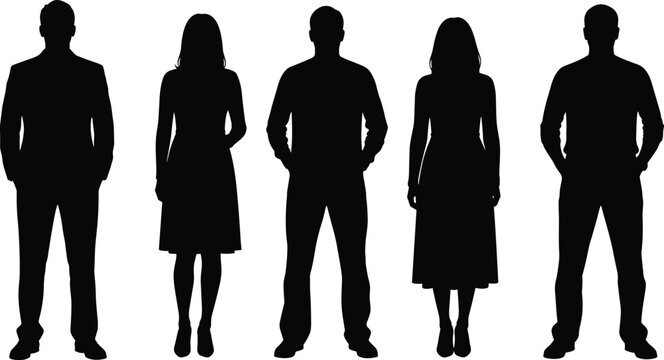 People silhouettes set with standing men and women, full body figures, human profiles, minimal black shapes isolated on white background
