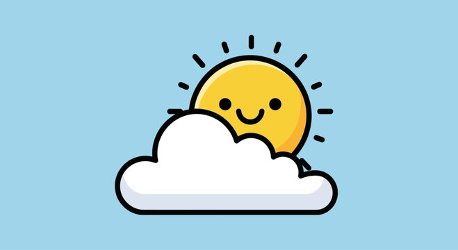 Playful and cheerful cartoon sun with a smiling face partly hidden behind a white cloud on a light