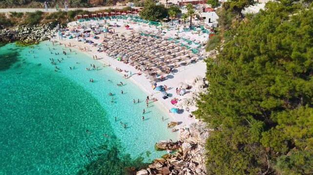 Crowded Marble Beach on Sunny Day, Thassos Island, Greece