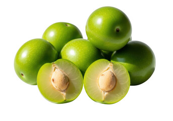 Obraz premium Fresh green plums isolated on transparent background, a vibrant and juicy fruit, with a sweet and tangy flavor, perfect for healthy eating and summer treats