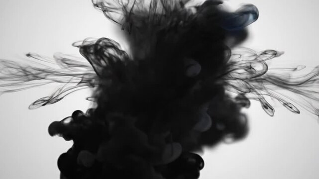 Black ink clouds colliding and swirling in white background